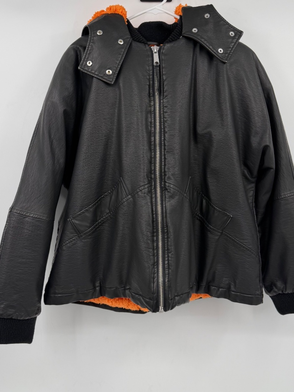 We The Free People Jacket Women Small Black Vegan Leather Faux Fur Lined Hoodie